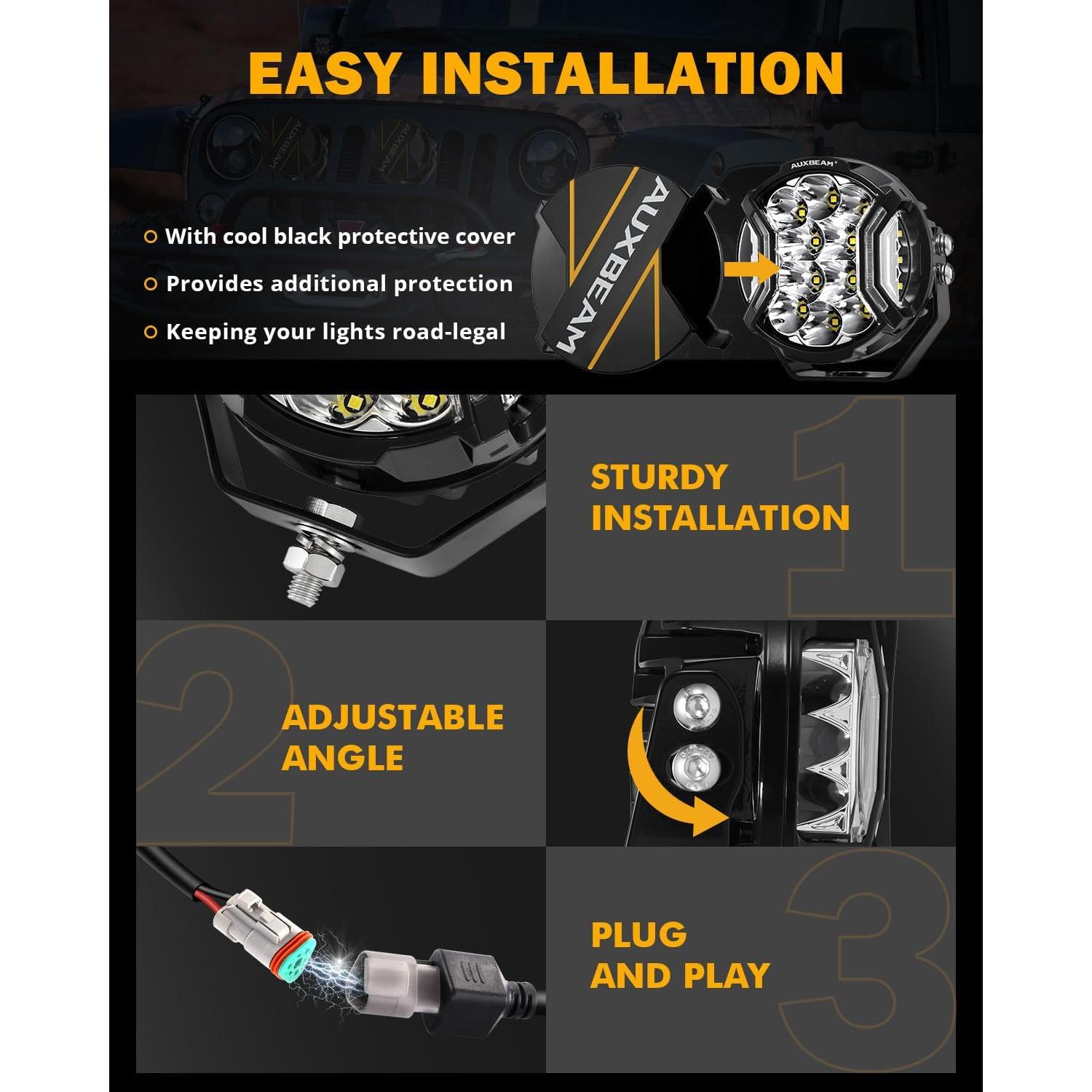 Auxbeam 5In V-Ultra Series 172W LED Light Pods, Offroad Round Driving Light with Amber DRL, 270° Wide Range Super Bright Side Shooter White Hyper Spot Beam Universal Lights with Black Cover-2PCS