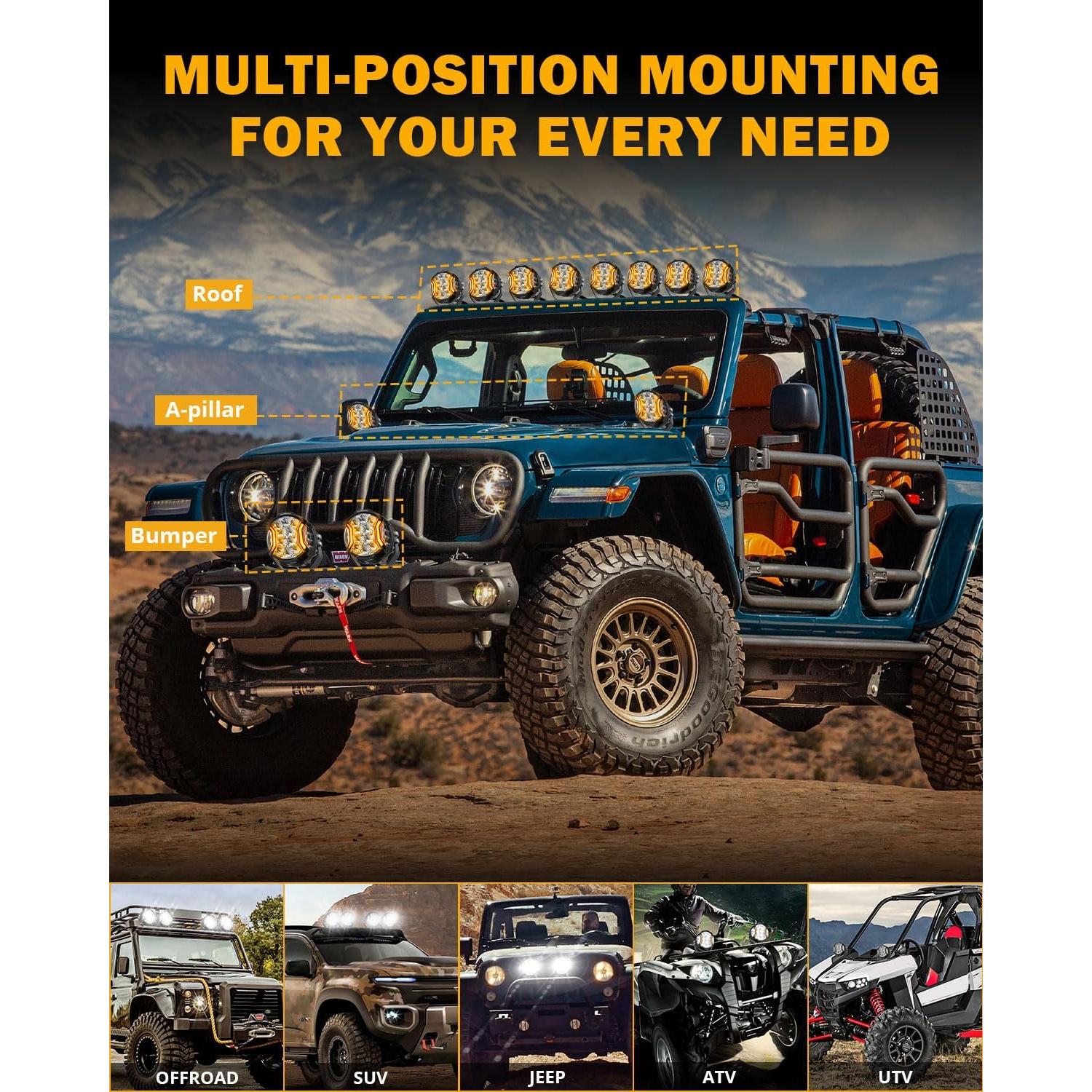 Auxbeam 5In V-Ultra Series 172W LED Light Pods, Offroad Round Driving Light with Amber DRL, 270° Wide Range Super Bright Side Shooter White Hyper Spot Beam Universal Lights with Black Cover-2PCS