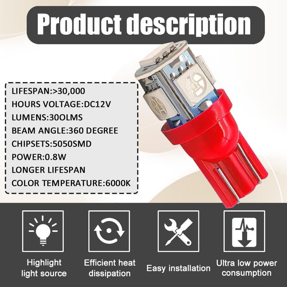 Bombillas LED Kutyun 194 Rojas 12V DC Paquete de 10
