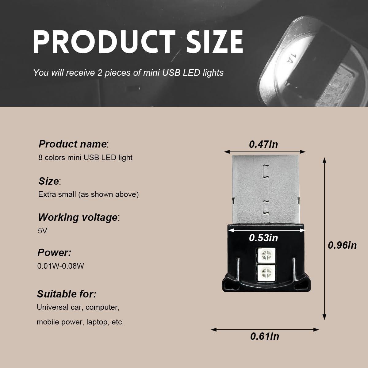 2 Mini Luces LED USB FSTURIOS RGB Ajustables 5V para Vehículo