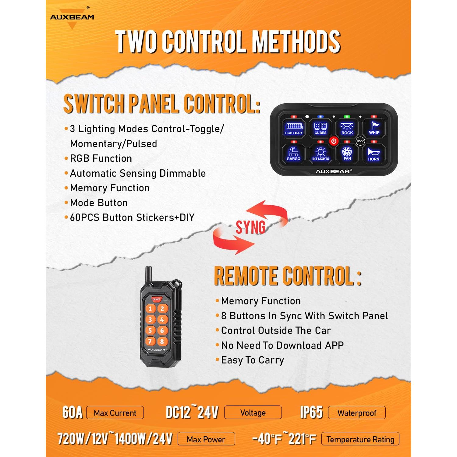 Panel de Interruptores Auxbeam RC800 8 Gang Inalámbrico RGB 12V/24V