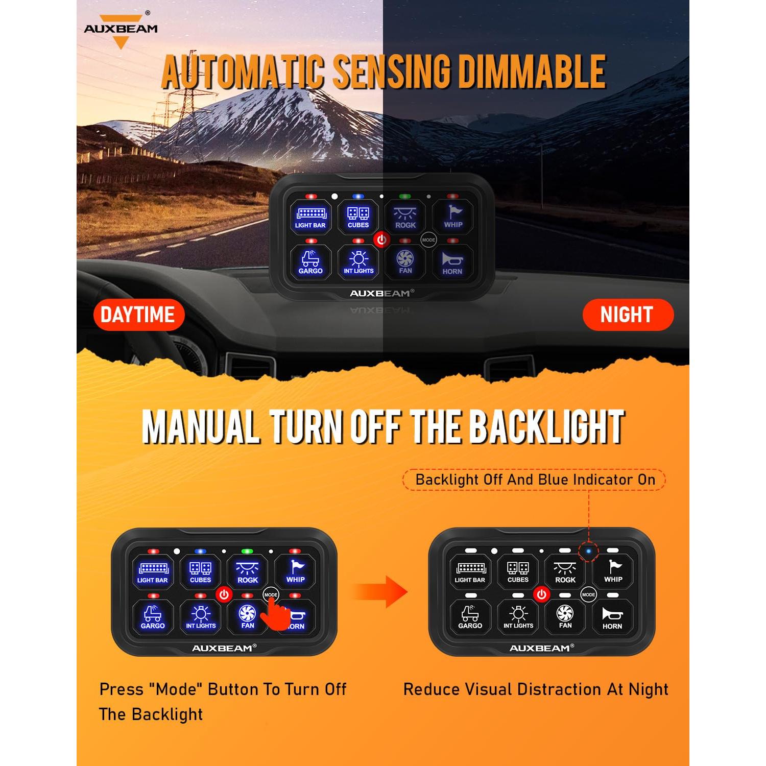 Panel de Interruptores Auxbeam RC800 8 Gang Inalámbrico RGB 12V/24V