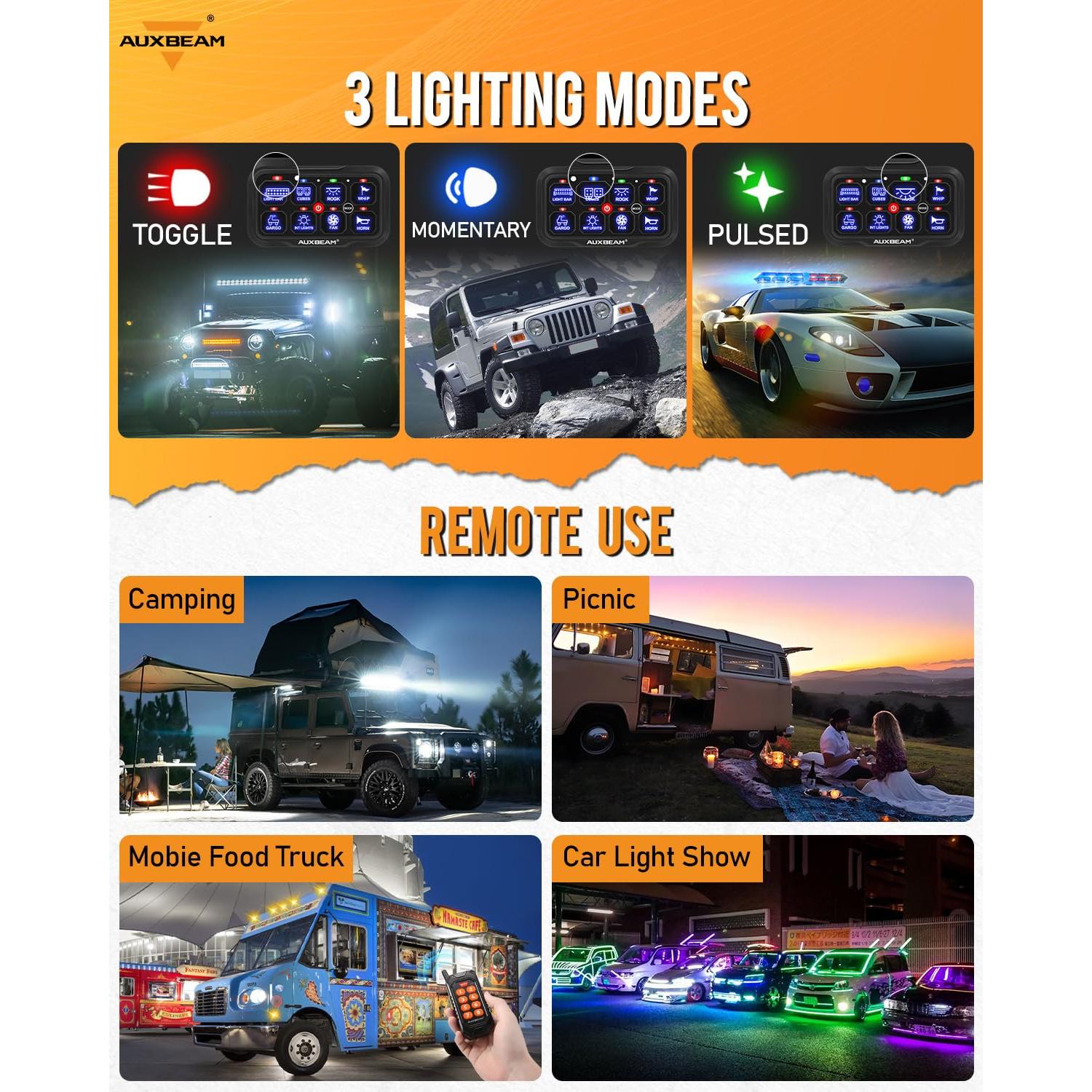 Panel de Interruptores Auxbeam RC800 8 Gang Inalámbrico RGB 12V/24V