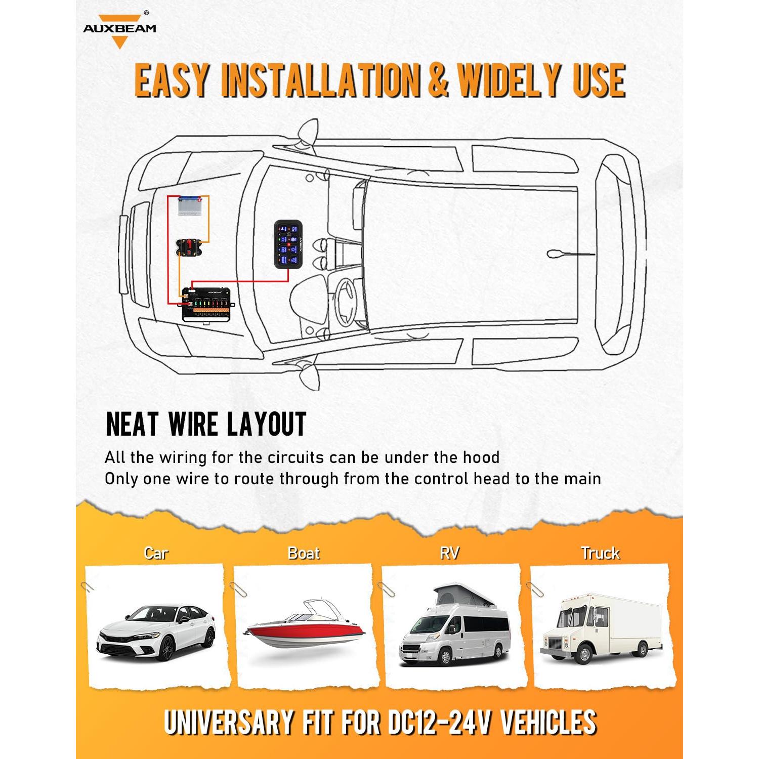 Panel de Interruptores Auxbeam RC800 8 Gang Inalámbrico RGB 12V/24V