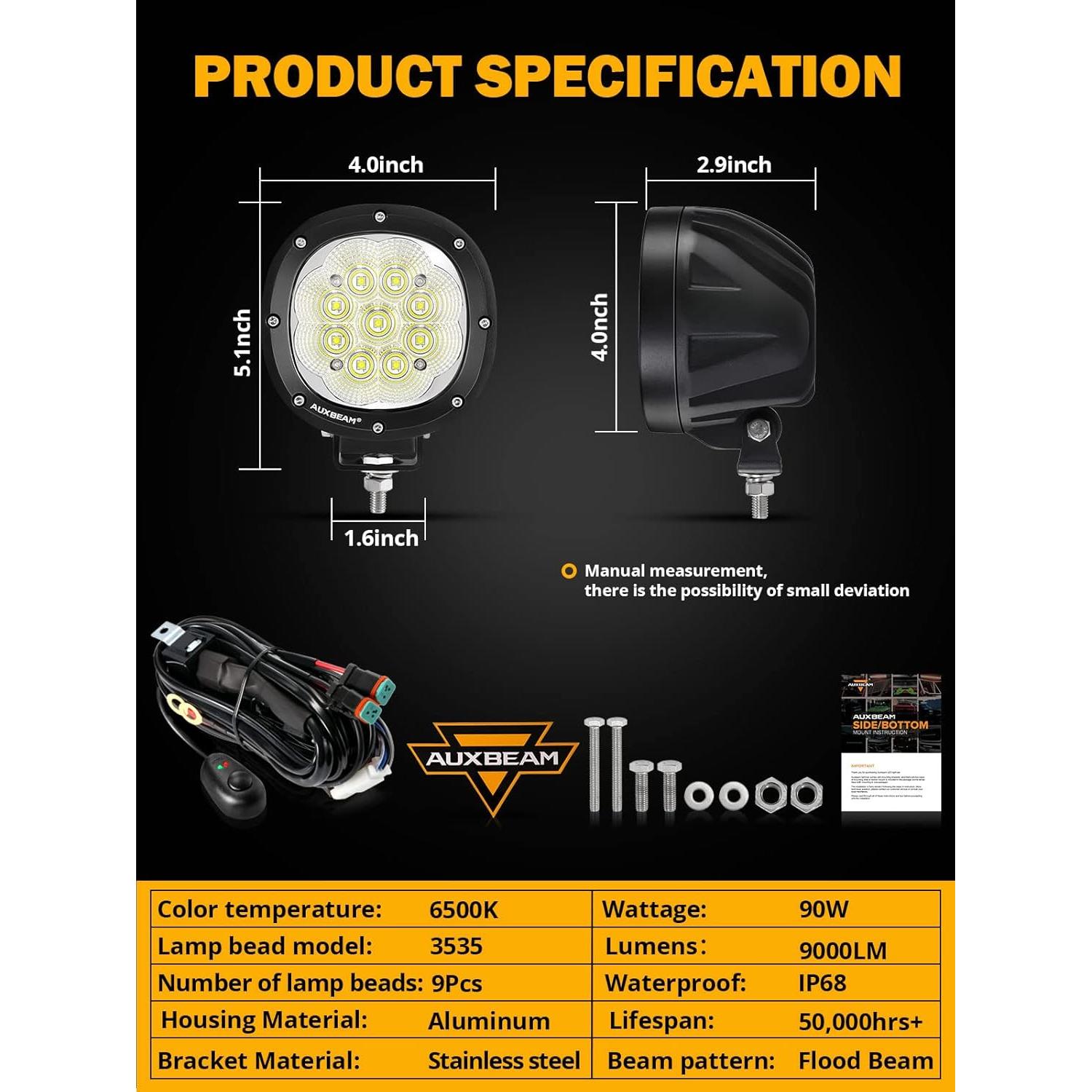 Luces LED Auxbeam 4 Pulgadas 90W 9000LM Inundación Offroad