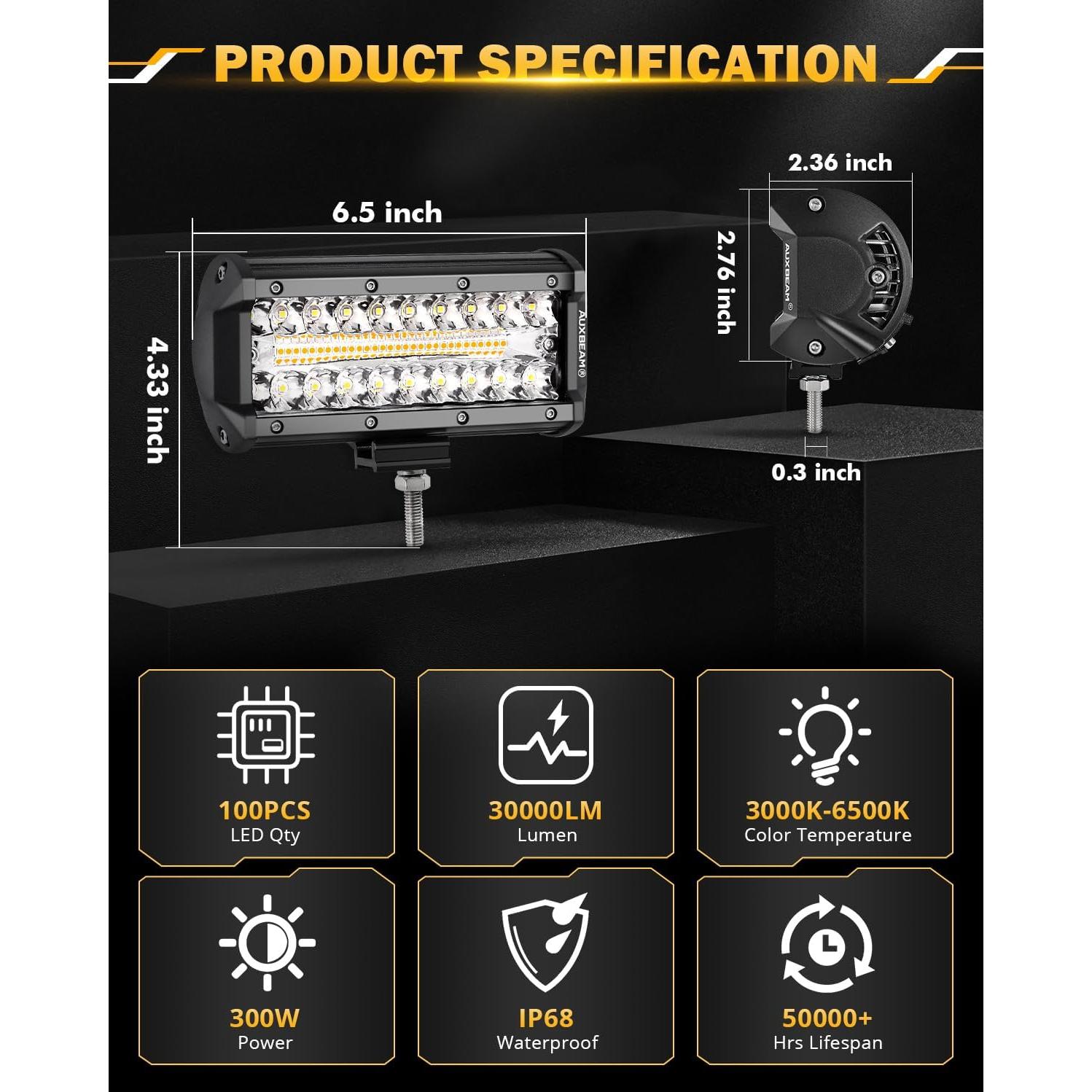 Barra de Luz LED Auxbeam 7 Pulgadas 300W 6 Modos Estroboscópicos