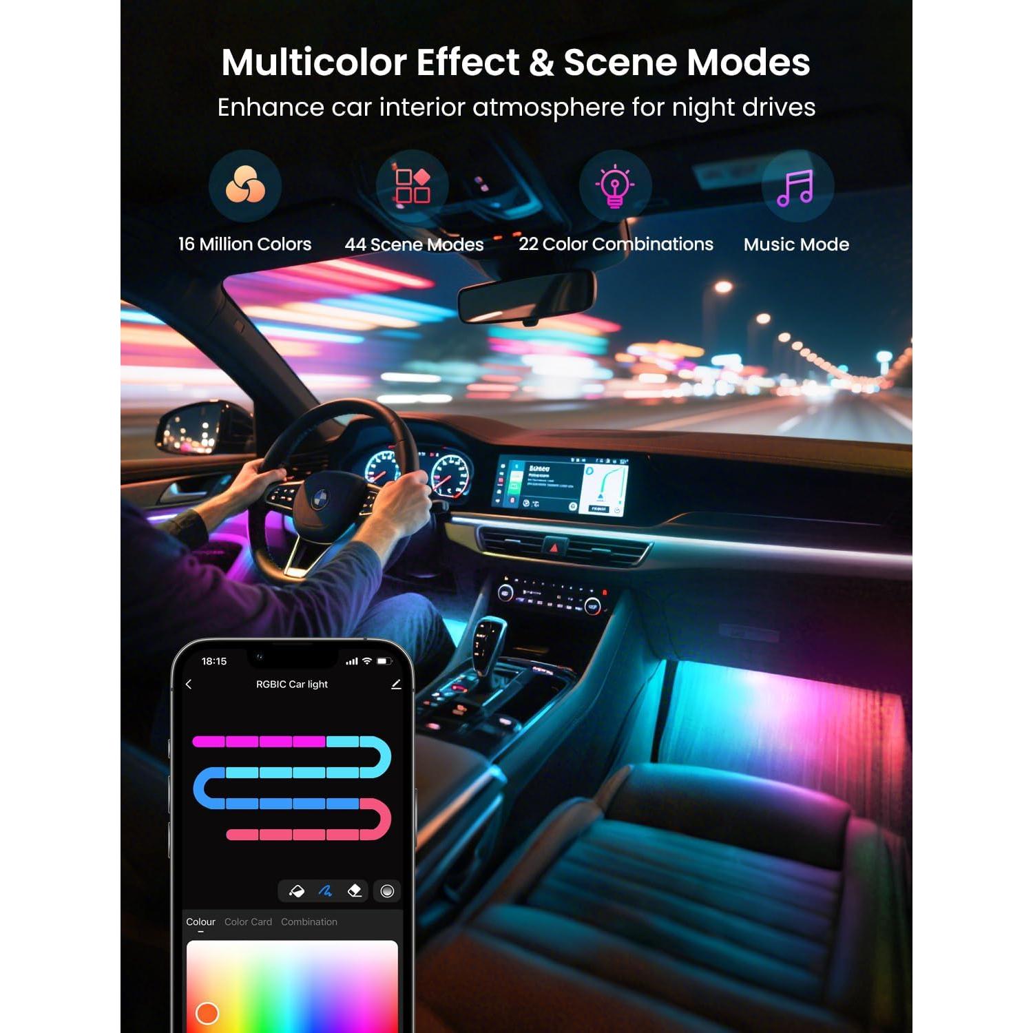 Luces LED interiores para coche SUNLINKCO RGB+IC 72 LED