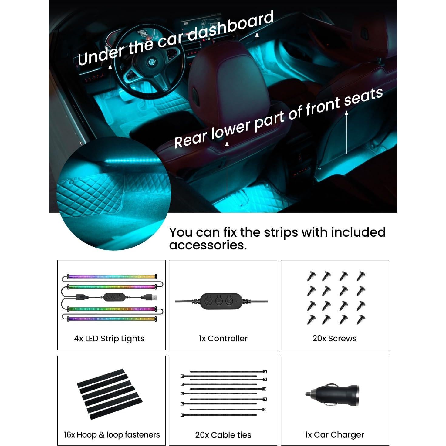 Luces LED interiores para coche SUNLINKCO RGB+IC 72 LED