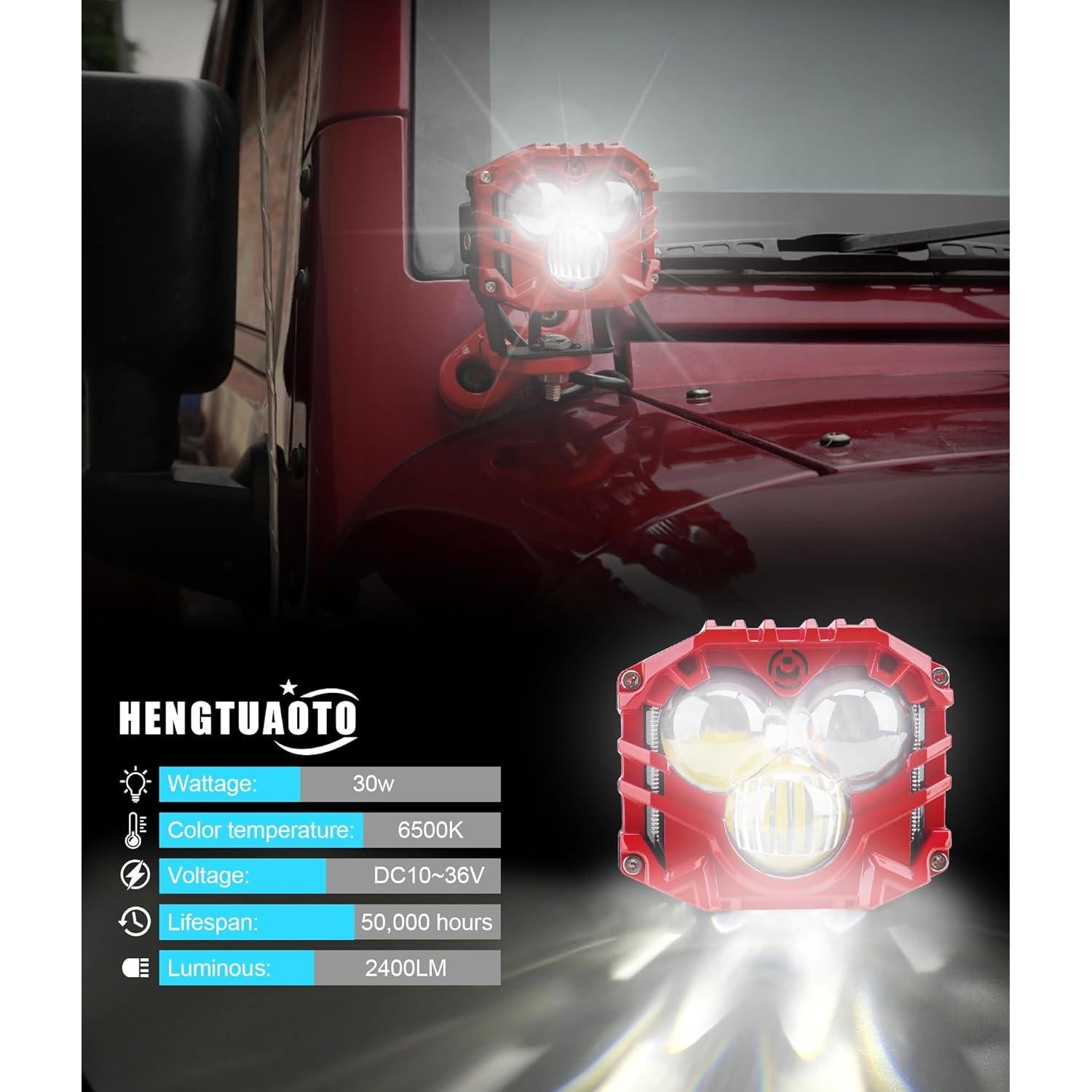 Focos LED 30W 5400LM HENGTUAOTO para Wrangler JK 2Pcs Rojo