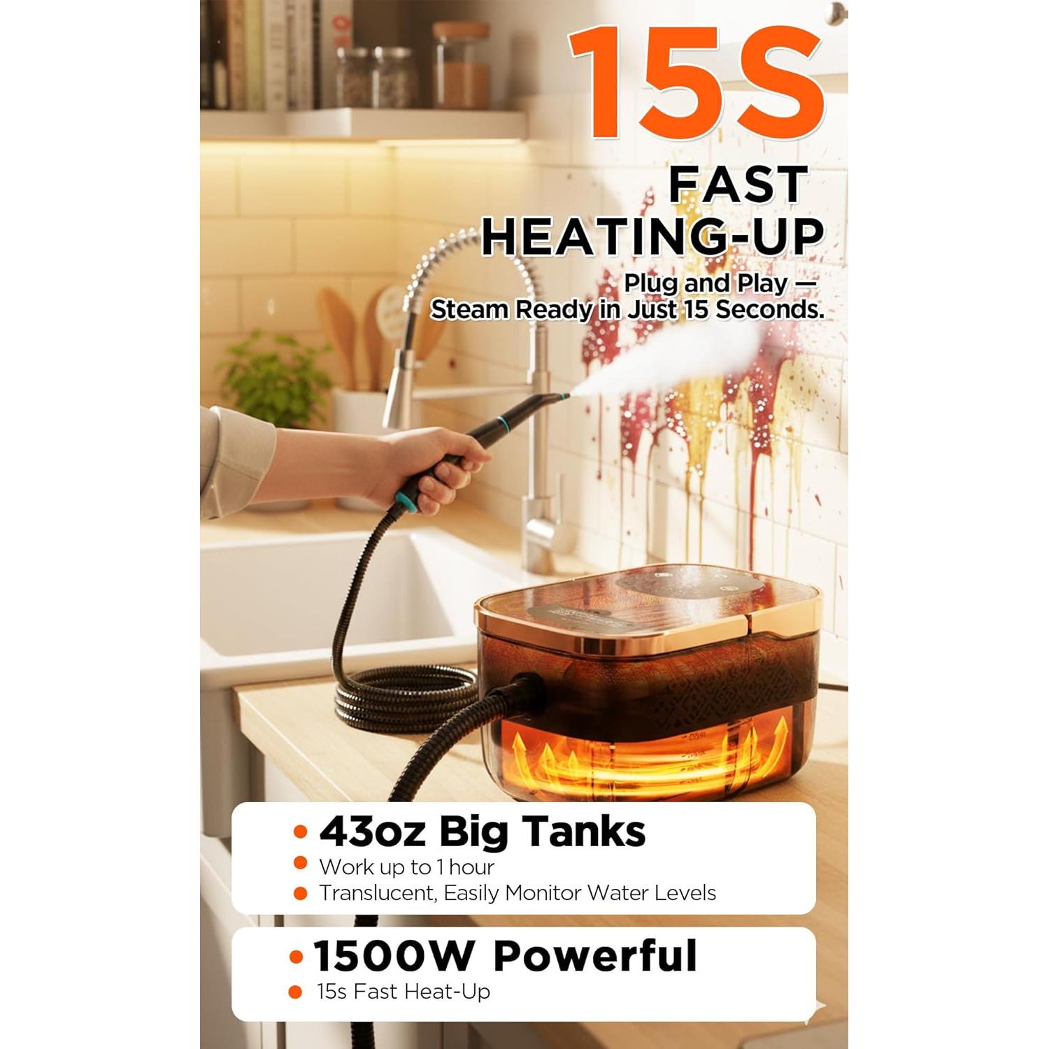 Limpiador a Vapor BietrunPro LEST-C2, 1500W, 1.27L, 6 Niveles