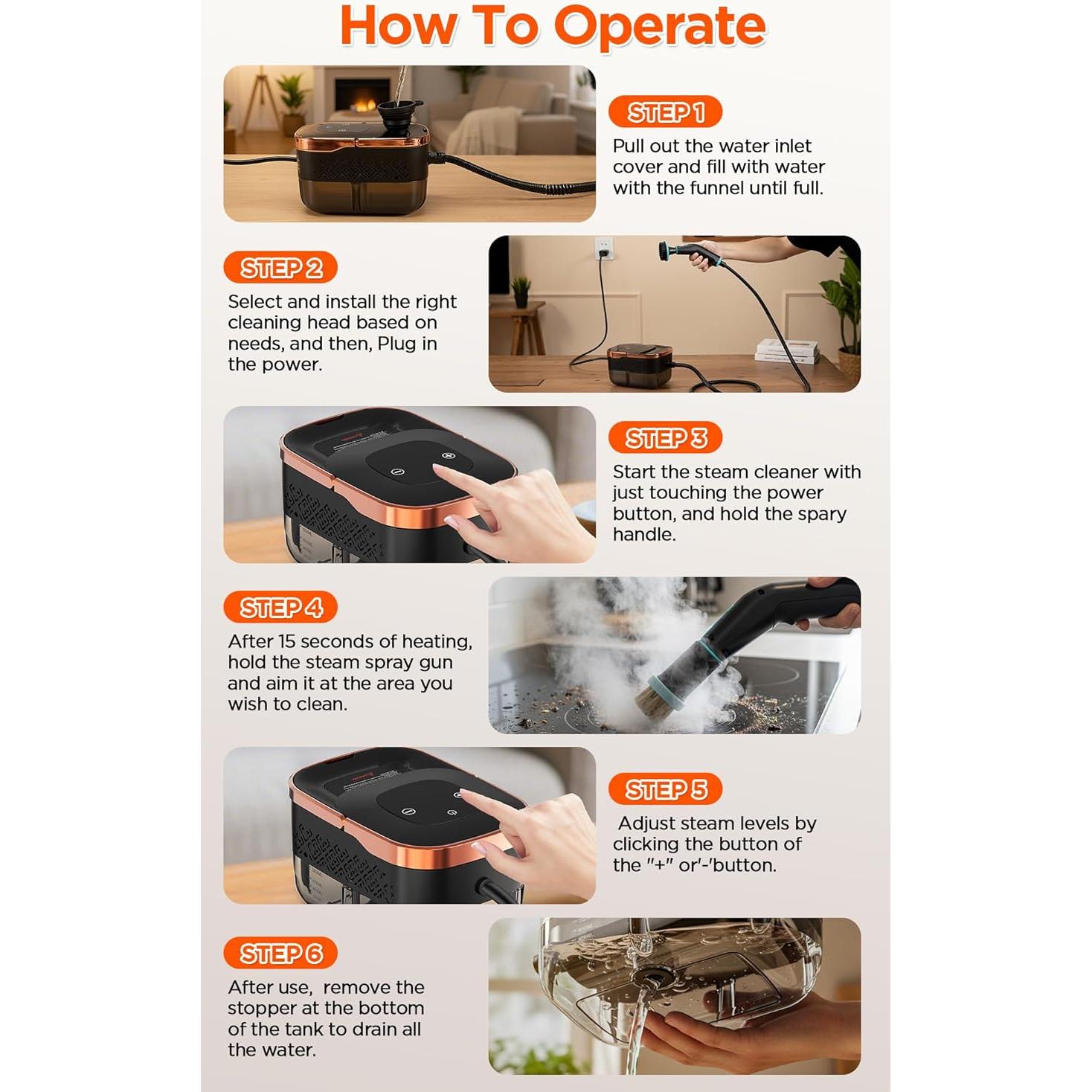 Limpiador a Vapor BietrunPro LEST-C2, 1500W, 1.27L, 6 Niveles