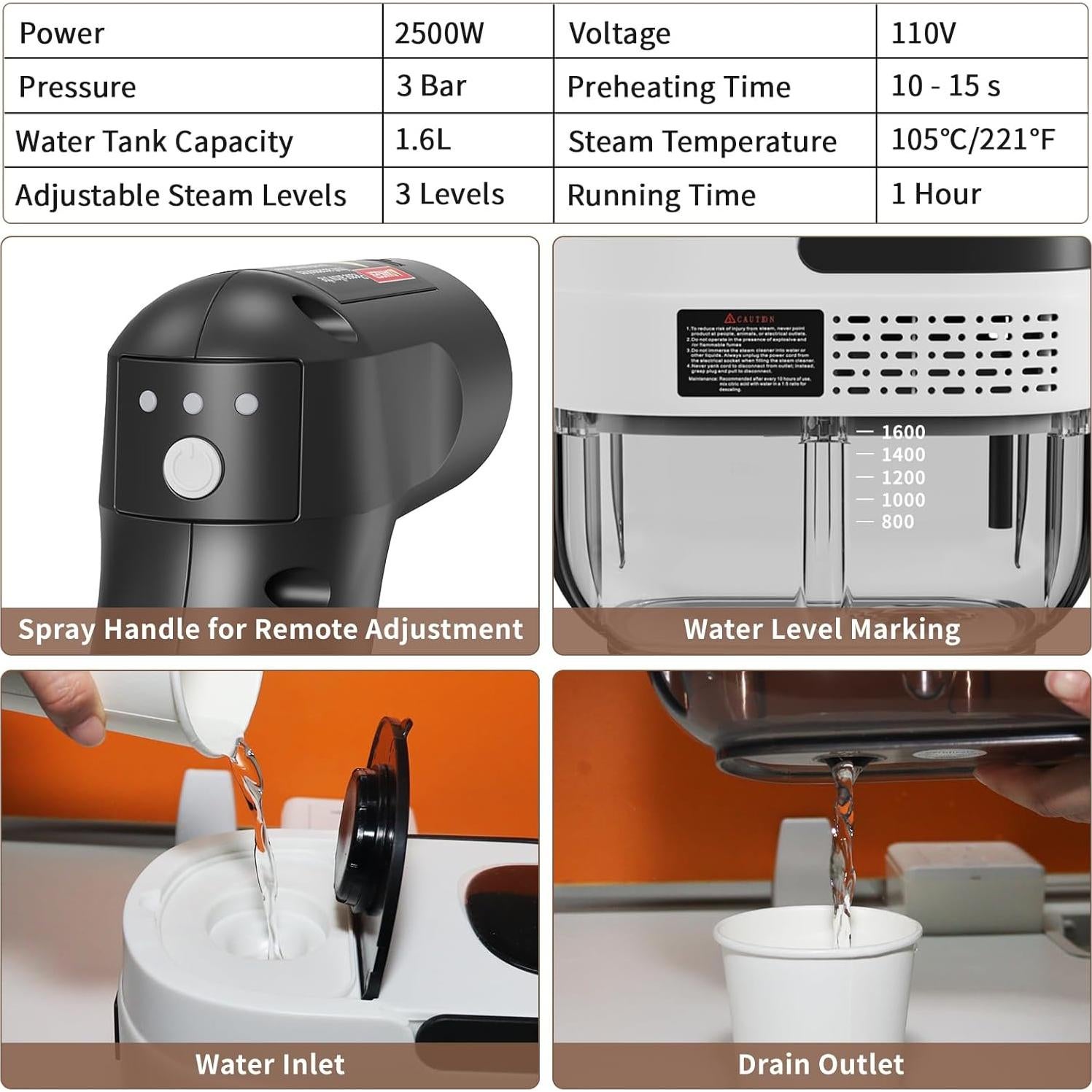 Limpiador de Vapor de Mano Gribouillage 2500W 1.6L Blanco