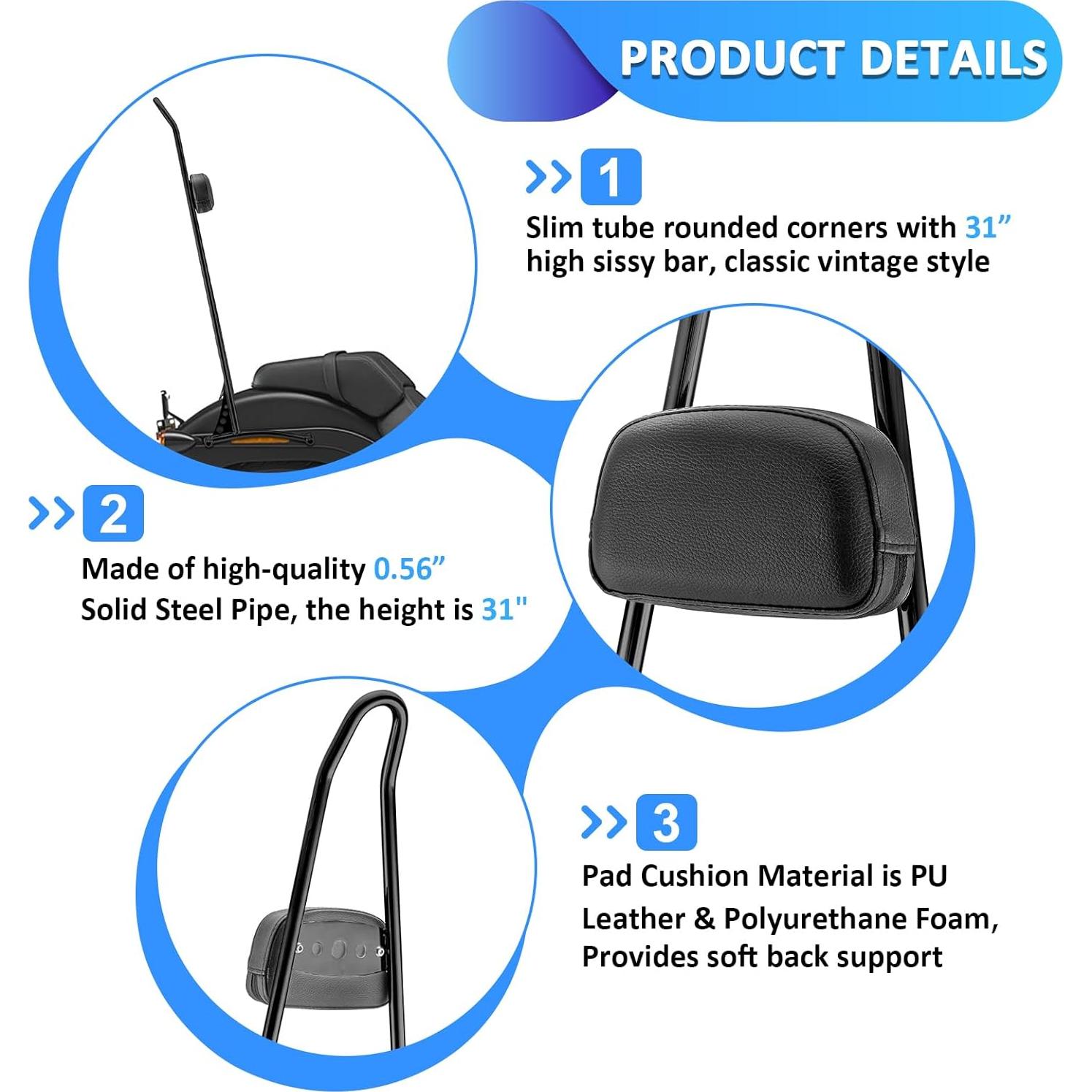 Wsays Respaldo Sissy Bar Pasajeros 31" Negro Brillante