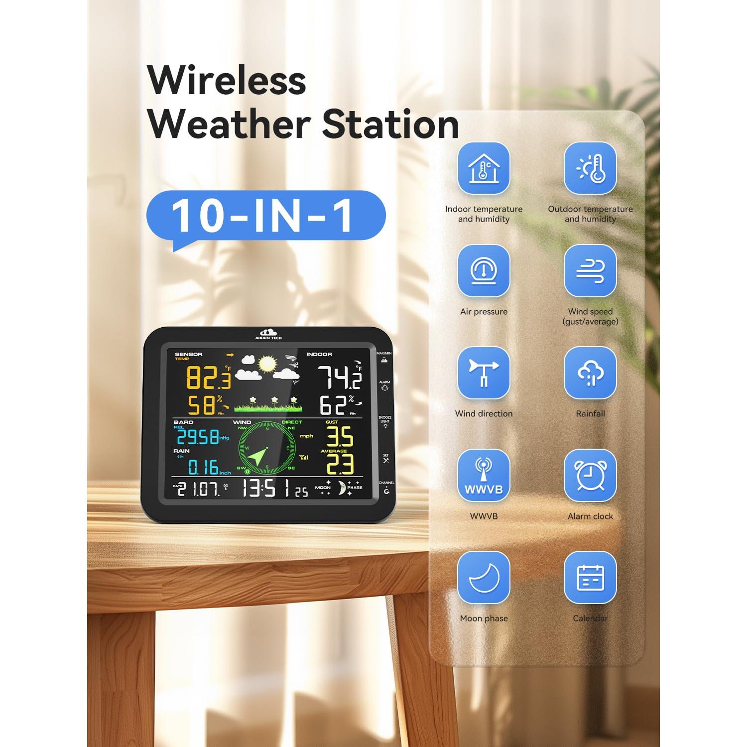 Estación Meteorológica Inalámbrica AIRAIN TECH 10-en-1 con Sensor Exterior