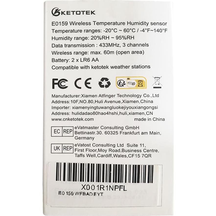 Sensor de Humedad y Temperatura Inalámbrico KETOTEK para Estaciones Meteorológicas