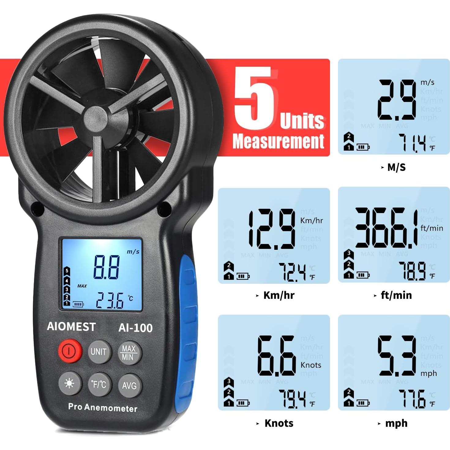 Anemómetro Digital AIOMEST AI-100 Portátil con Retroiluminación