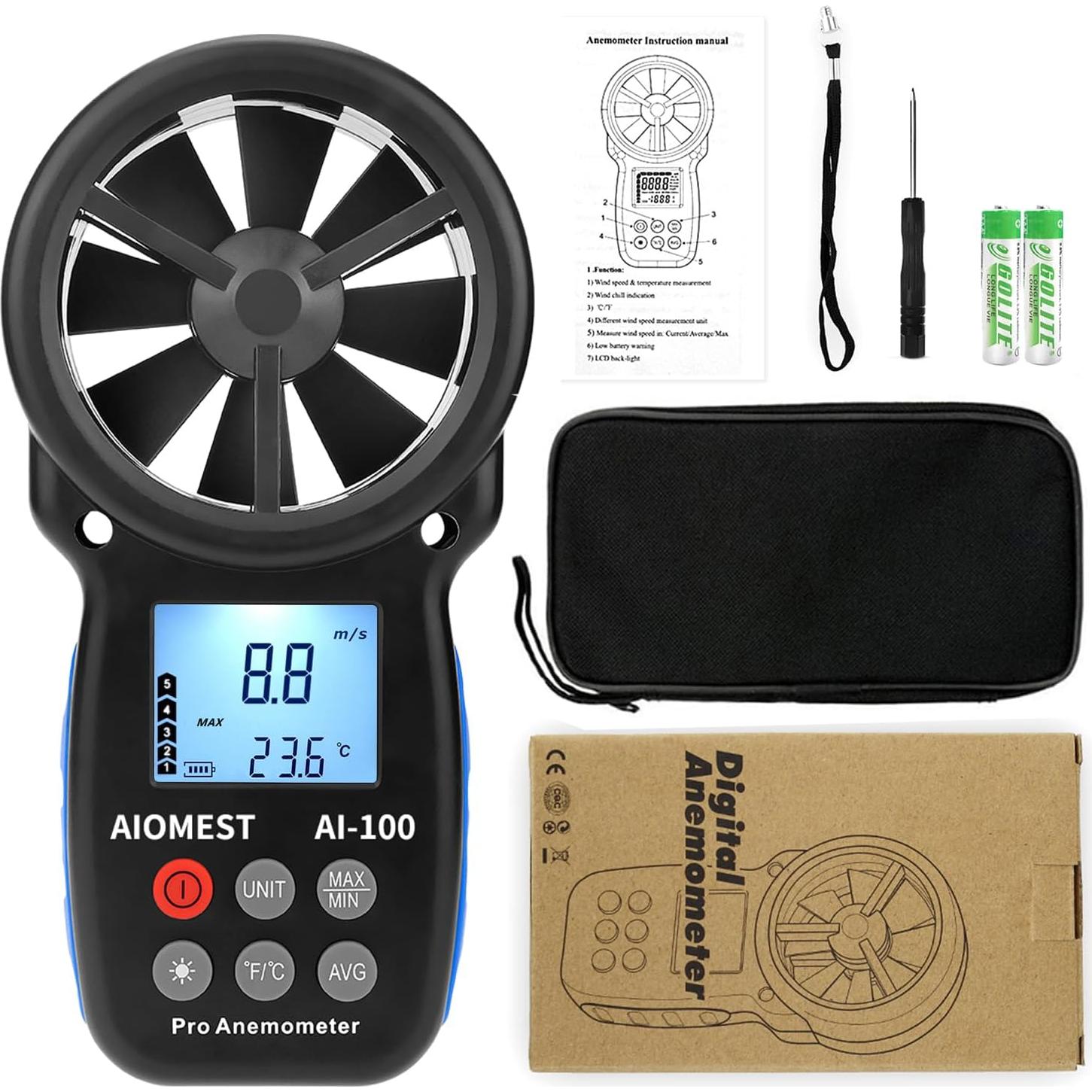 Anemómetro Digital AIOMEST AI-100 Portátil con Retroiluminación