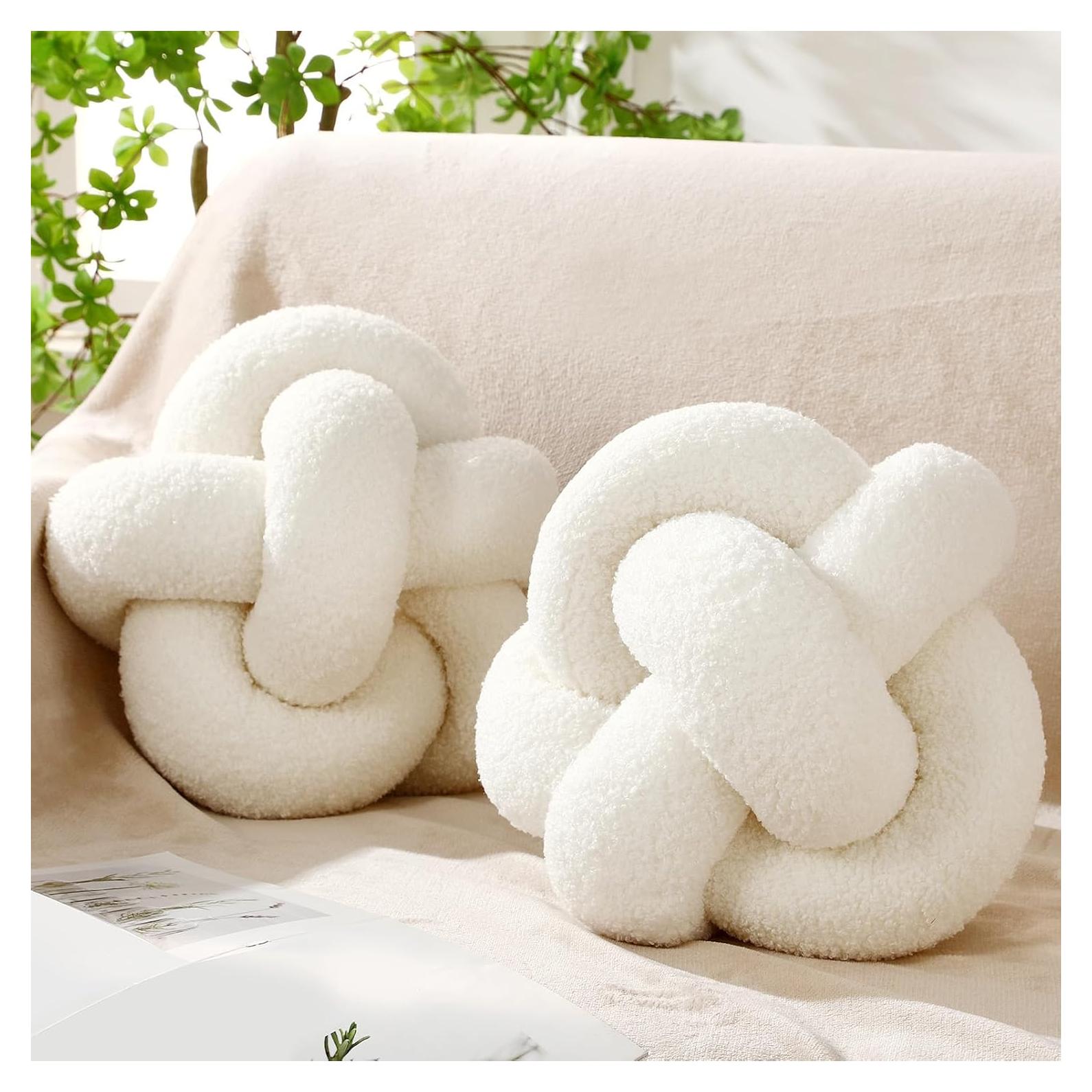 2 Almohadas Redondas con Nudos Beeveer 30 cm Terciopelo Blanco
