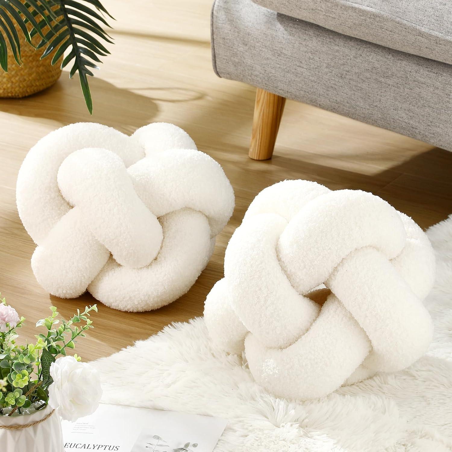 2 Almohadas Redondas con Nudos Beeveer 30 cm Terciopelo Blanco