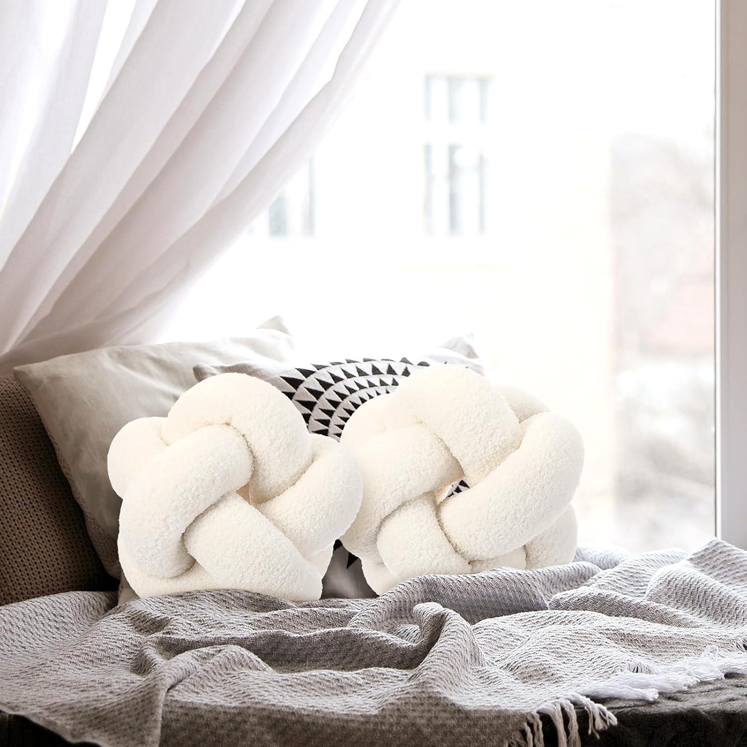 2 Almohadas Redondas con Nudos Beeveer 30 cm Terciopelo Blanco