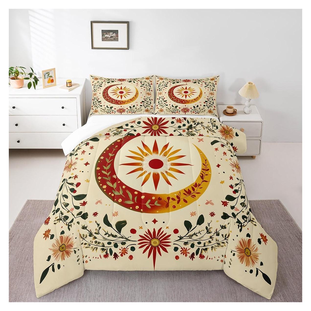 Juego de Edredón Rey jejeloiu Sol Luna Microfibra Floral