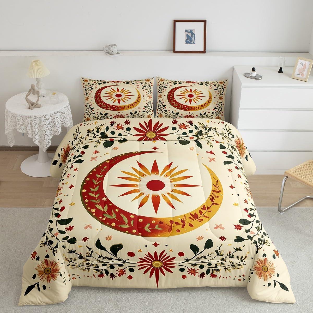 Juego de Edredón Rey jejeloiu Sol Luna Microfibra Floral