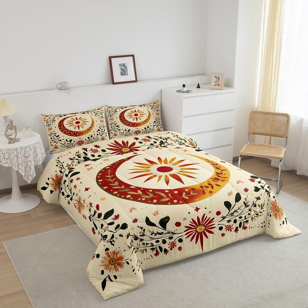Juego de Edredón Rey jejeloiu Sol Luna Microfibra Floral