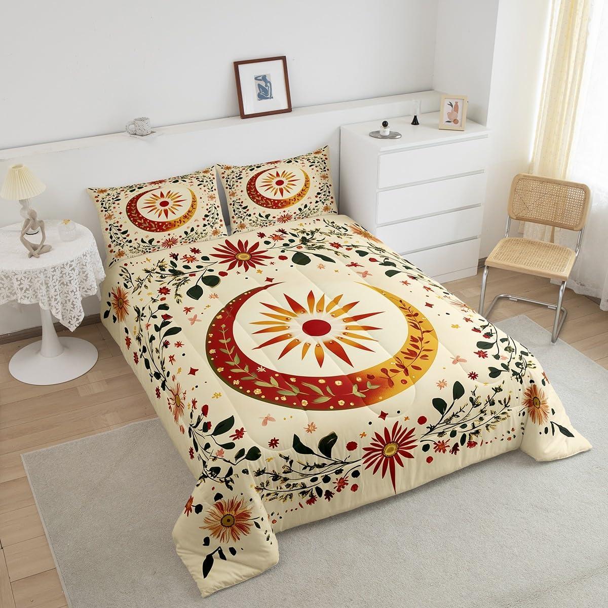 Juego de Edredón Rey jejeloiu Sol Luna Microfibra Floral