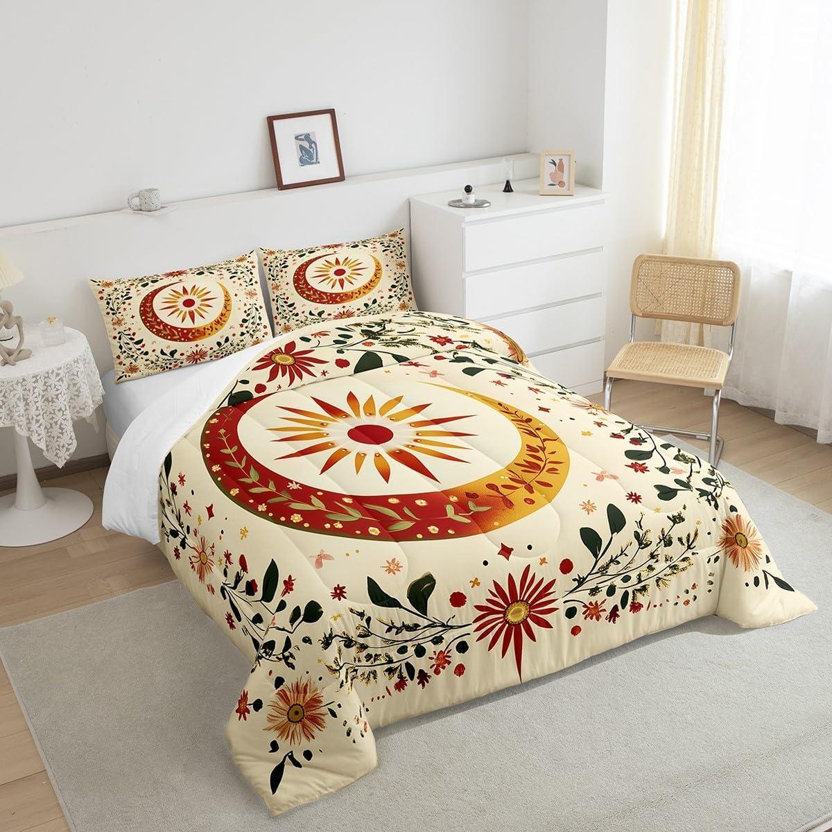 Juego de Edredón Rey jejeloiu Sol Luna Microfibra Floral