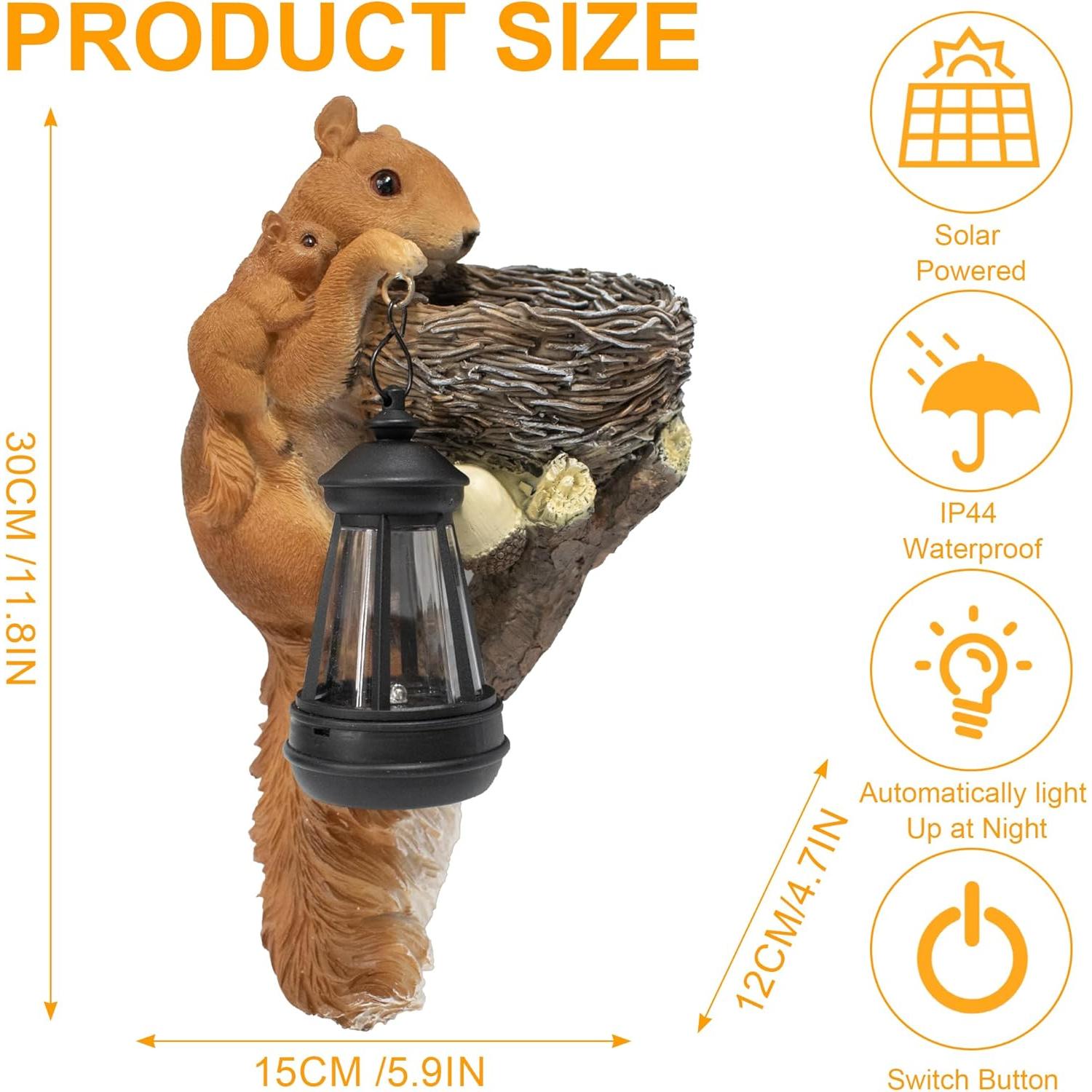 Estatua de Jardín Ardilla con Linterna Solar PkYbrkt 30 cm