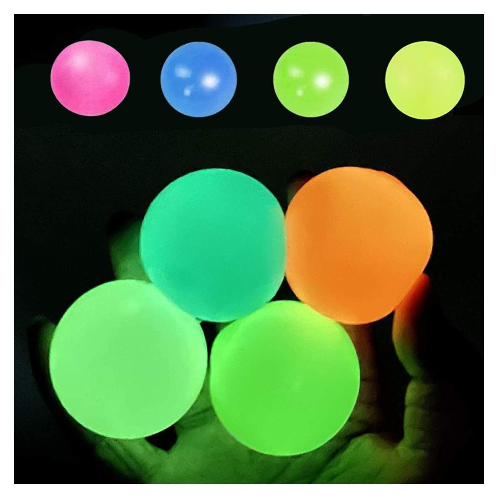 4 Pcs Glow in The Dark Sticky Balls, Stress Relief Balls for Kids & Adults, ADHD, OCD, Anxiety, Blue, Green, Pink, Yellow, Multicolor, 4 Pack