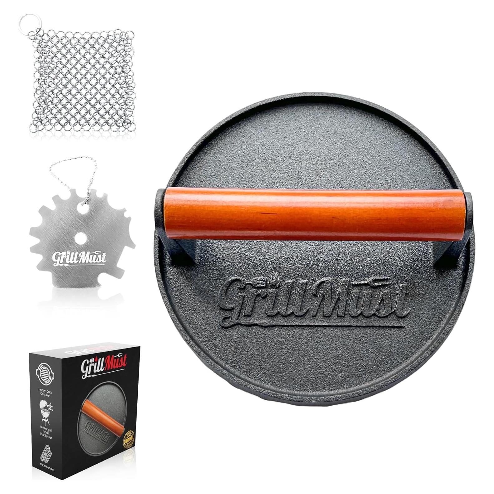 Conjunto de Prensa para Hamburguesas GrillMust 17.8cm Hierro Fundido