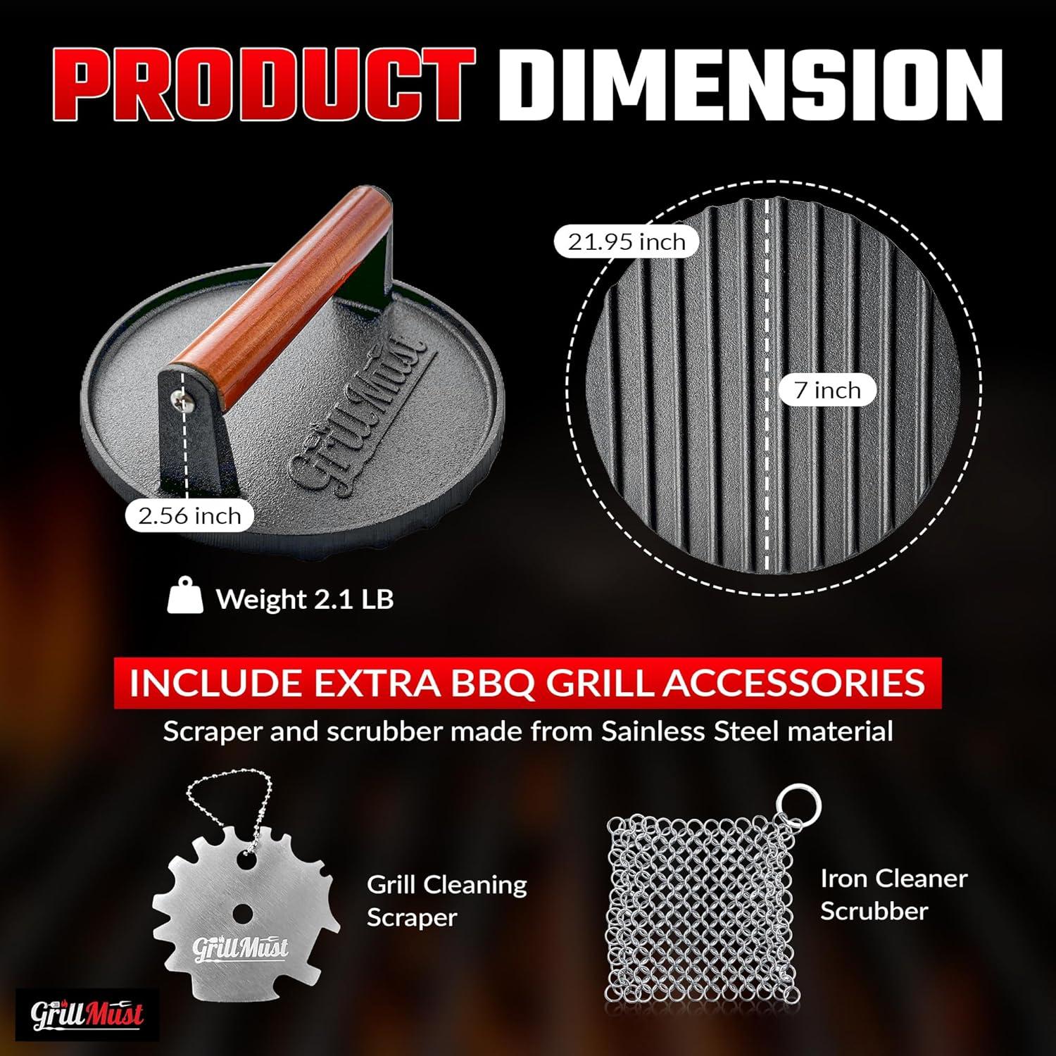 Conjunto de Prensa para Hamburguesas GrillMust 17.8cm Hierro Fundido
