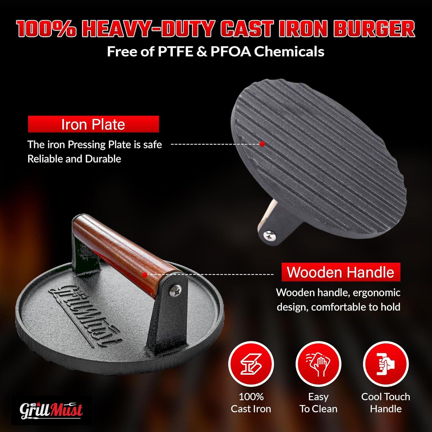 Conjunto de Prensa para Hamburguesas GrillMust 17.8cm Hierro Fundido