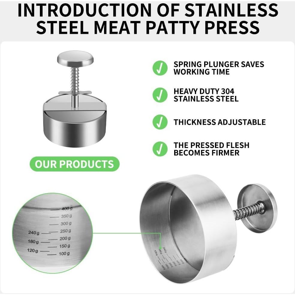 Prensa de Hamburguesas Ajustable Acero Inoxidable 3 Piezas