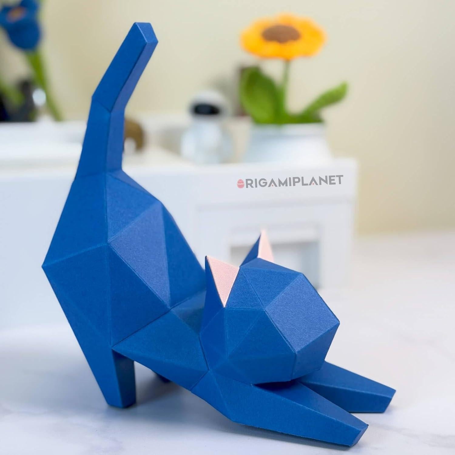 Kit de Origami 3D Gatito de Yoga Azul ORIGAMIPLANET DIY