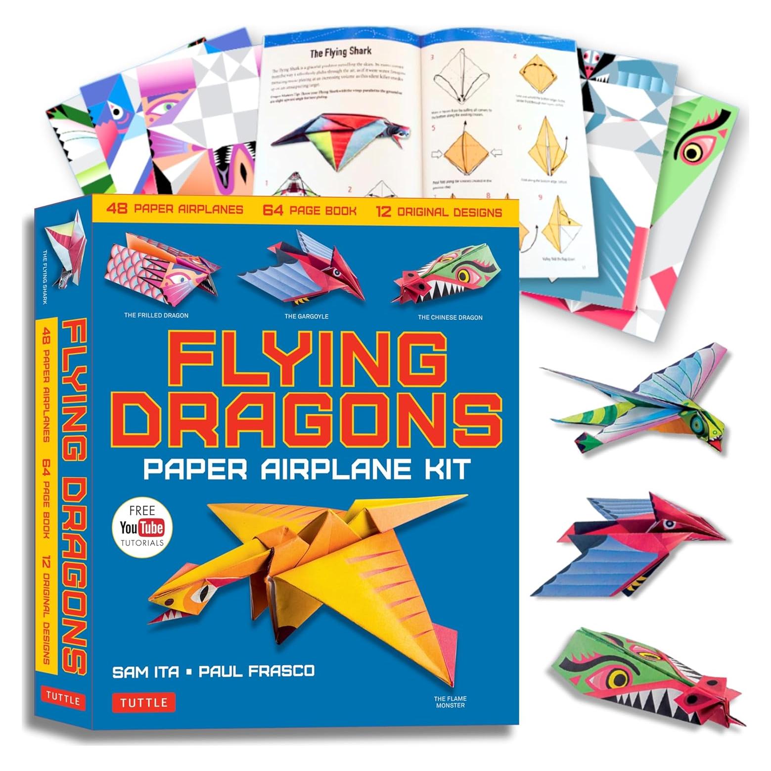 Flying Dragons Paper Airplane Kit: 48 Paper Airplanes, 64 Page Instruction Book, 12 Original Designs, YouTube Video Tutorials