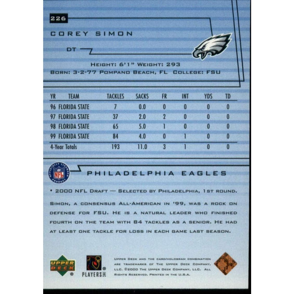 Tarjeta de Fútbol NFL 2000 Upper Deck Corey Simon RC