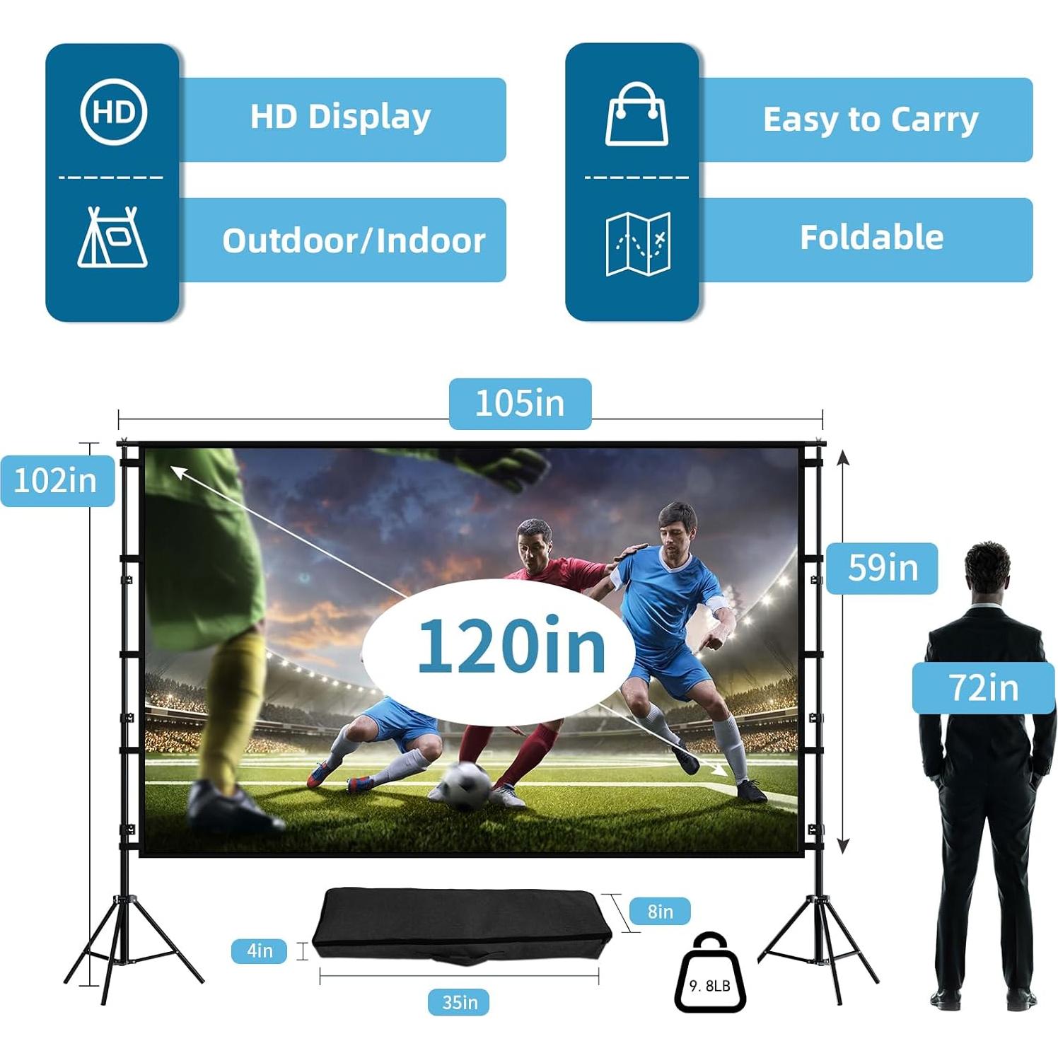 Pantalla de proyector TOWOND 120" con soporte ajustable 4K HD