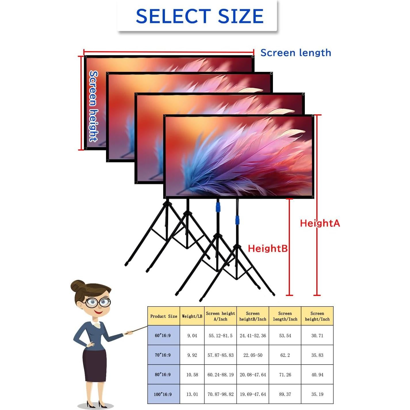 Pantalla de proyector 80" 4K HD Ribowri con soporte y trípode