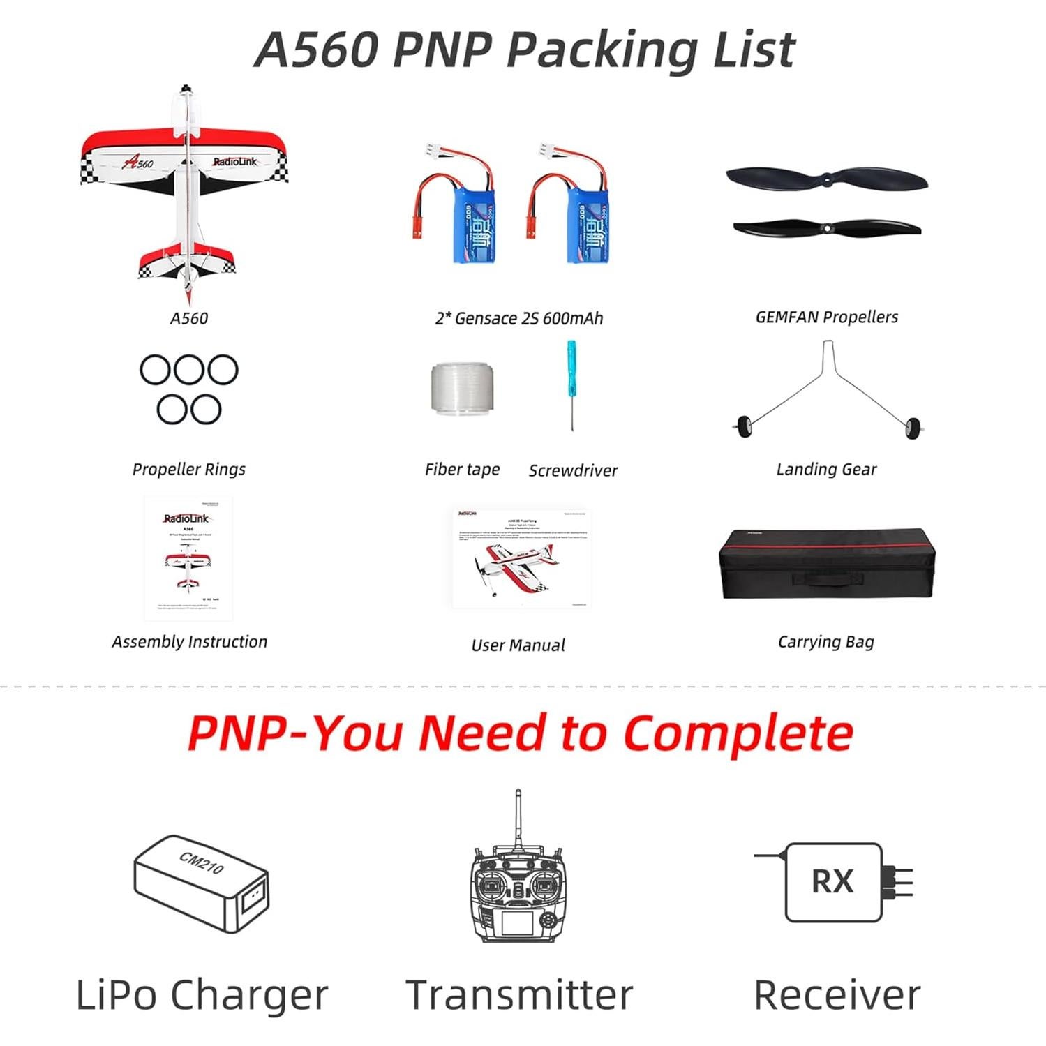 Avión RC Radiolink A560 PNP 580mm 6 Modos de Vuelo