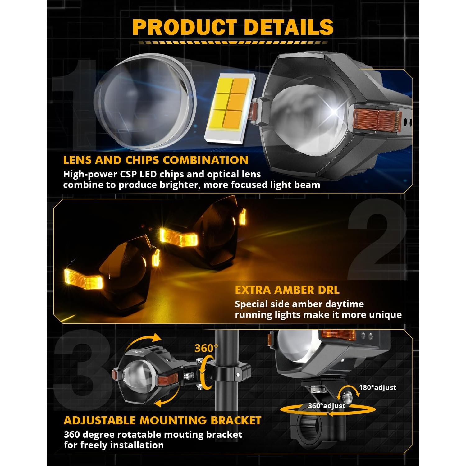 Luces de Niebla LED Auxbeam 60W 8 Modos Doble Color para Motocicleta