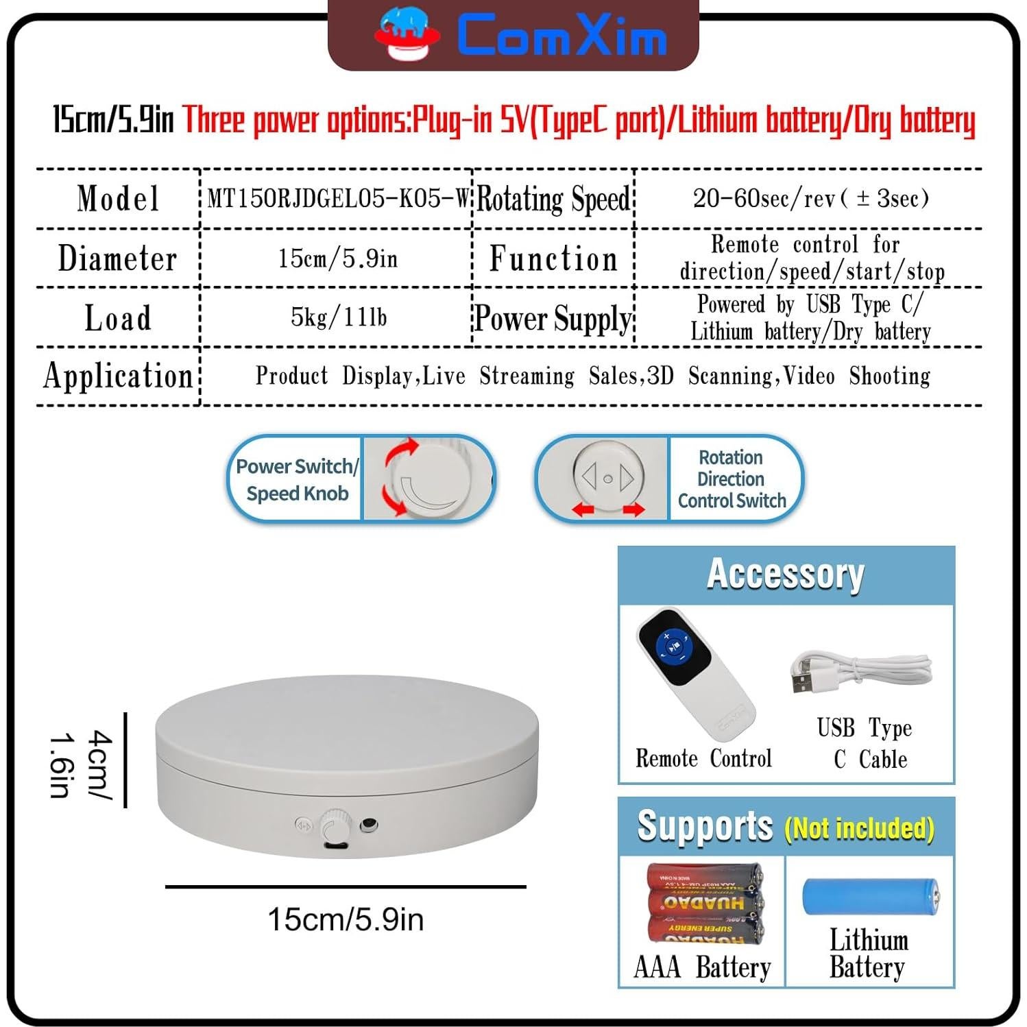 Giradiscos Eléctrico ComXim 15 cm Control Remoto 5 kg