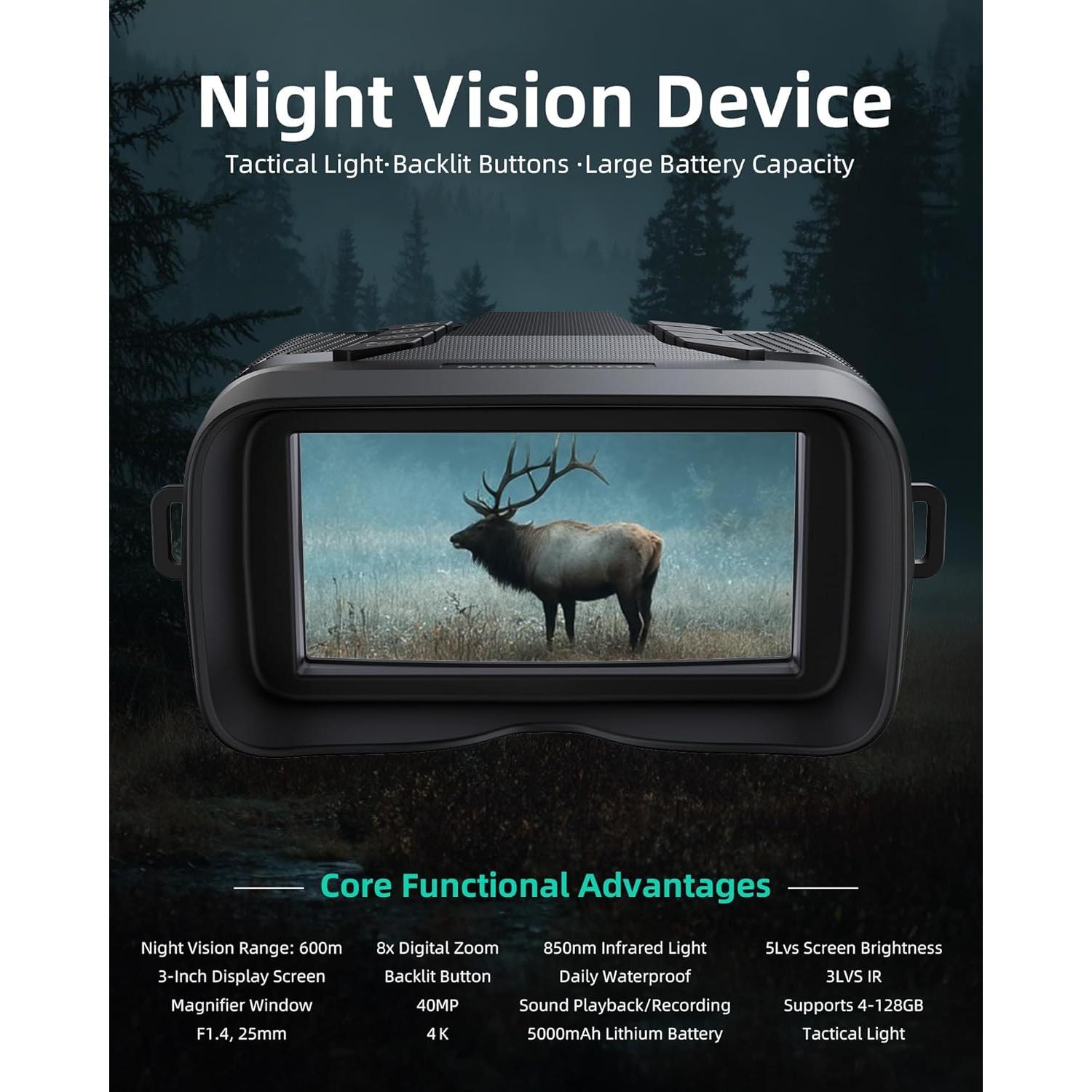 Gafas de Visión Nocturna 4K Gofuch con Pantalla 3'' y Zoom 8X