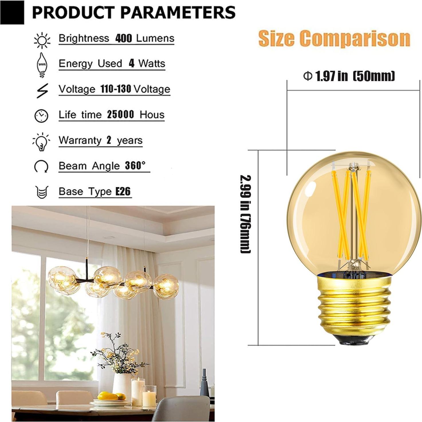 Bombilla LED E26 4W 2700K Ámbar Regulable 6 Pcs Leools