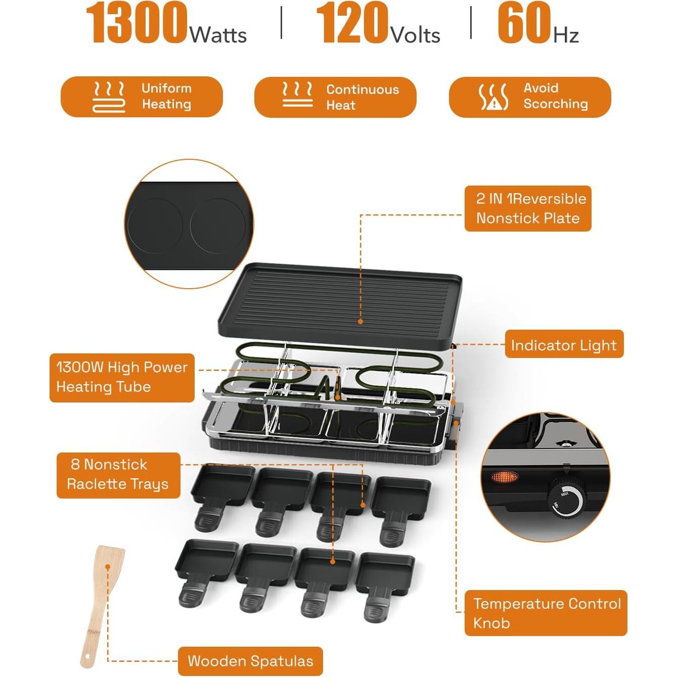 Parrilla Eléctrica Raclette HBN 1300W 8 Bandejas Antiadherente