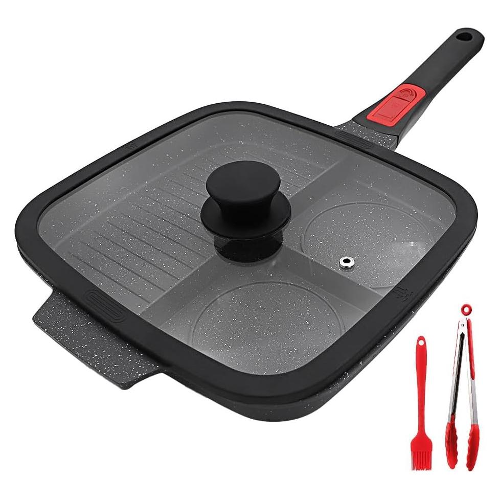 Sartén de Parrilla Bobikuke 3 Secciones Antiadherente con Tapa