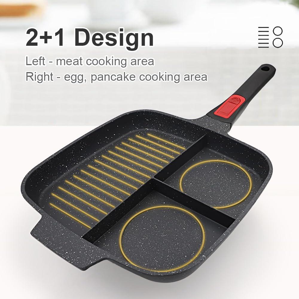 Sartén de Parrilla Bobikuke 3 Secciones Antiadherente con Tapa