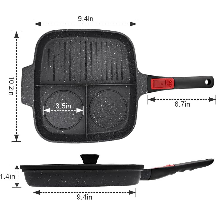 Sartén de Parrilla Bobikuke 3 Secciones Antiadherente con Tapa