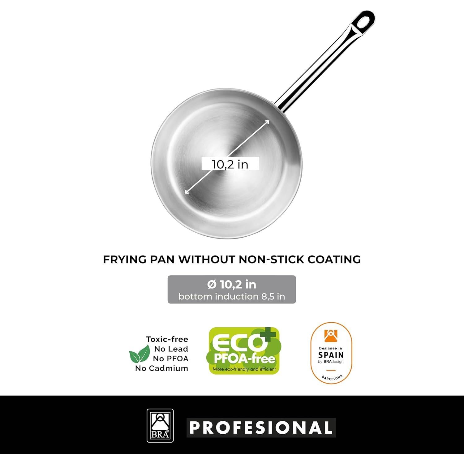 Sartén Profesional BRA Cookware 26 cm Acero Inoxidable Sin Revestimiento